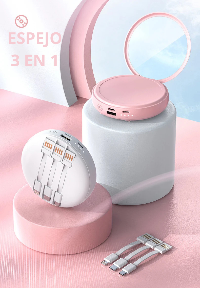 MIRRORCHARGER-Espejo portátil led blanco con cargador portatil con calentador